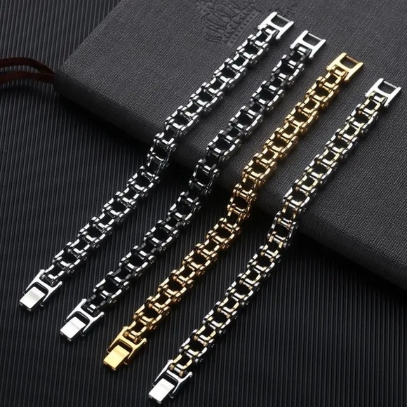 Men’s 18K Gold & White Gold Two Tone Motorcycle Biker Bike Link Bracelet - Picture 5 of 5